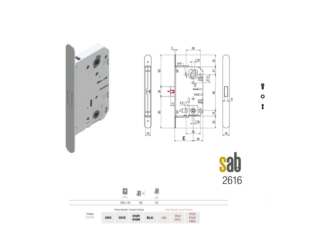 Serratura Patent Mediana Click Lock 2600 Magnetica Bordo Tondo Frontale 18x196 WC Doppio Quadro Interasse 90 Entrata 50 mm. CS Cromo Satinato | SAB - immagine 2